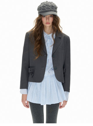 [NECY] Bow pocket short suit coat and suit shorts two-piece set