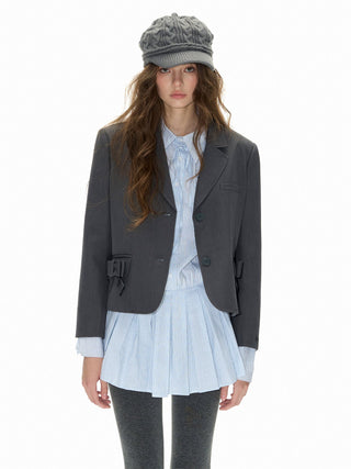 [NECY] Bow pocket short suit coat and suit shorts two-piece set