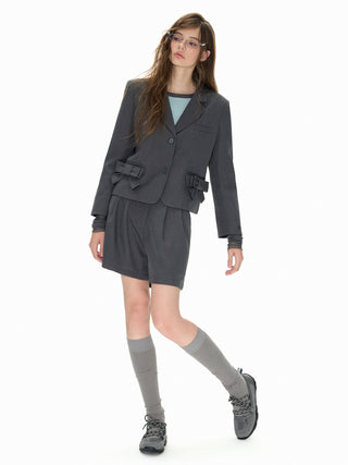 [NECY] Bow pocket short suit coat and suit shorts two-piece set