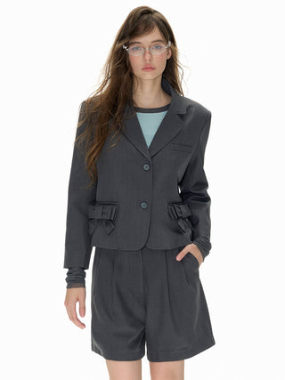 [NECY] Bow pocket short suit coat and suit shorts two-piece set