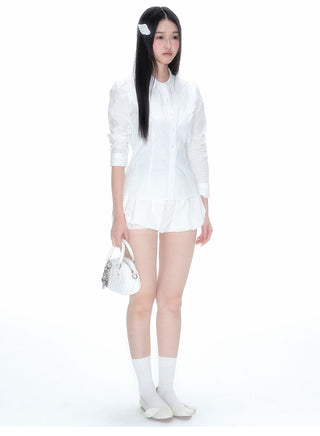 [NECY] Pleated Hem White Shirt Heart Lock Long Sleeve