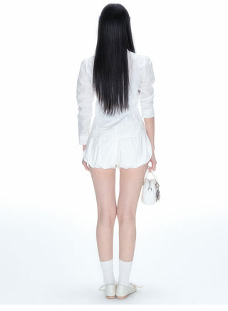 [NECY] Pleated Hem White Shirt Heart Lock Long Sleeve