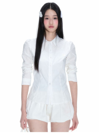 [NECY] Pleated Hem White Shirt Heart Lock Long Sleeve