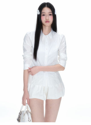 [NECY] Pleated Hem White Shirt Heart Lock Long Sleeve