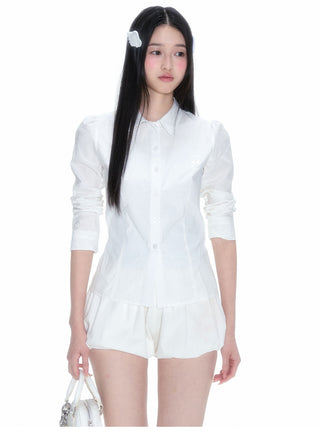 [NECY] Pleated Hem White Shirt Heart Lock Long Sleeve