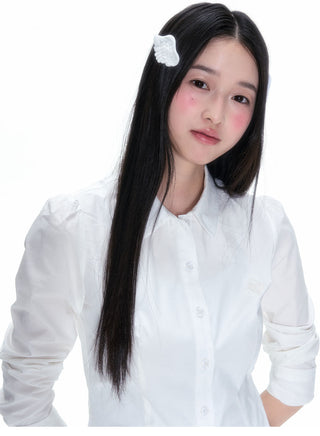 [NECY] Pleated Hem White Shirt Heart Lock Long Sleeve