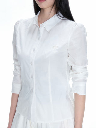 [NECY] Pleated Hem White Shirt Heart Lock Long Sleeve