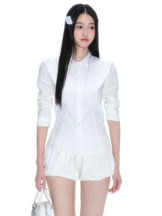 [NECY] Pleated Hem White Shirt Heart Lock Long Sleeve