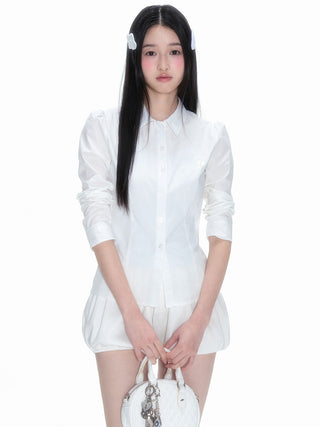 [NECY] Pleated Hem White Shirt Heart Lock Long Sleeve