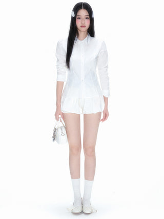 [NECY] Pleated Hem White Shirt Heart Lock Long Sleeve