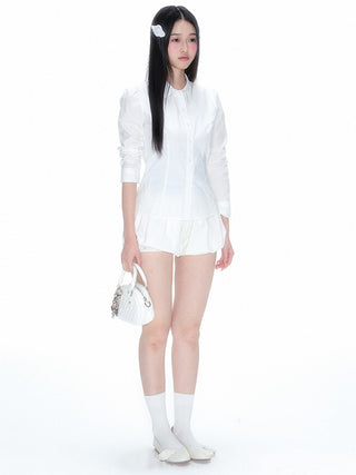 [NECY] Pleated Hem White Shirt Heart Lock Long Sleeve