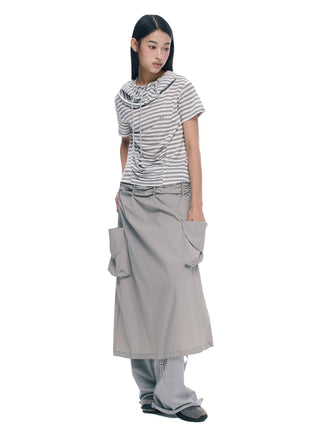 [NECY] Gray Double Pocket Pleated A-Line Skirt