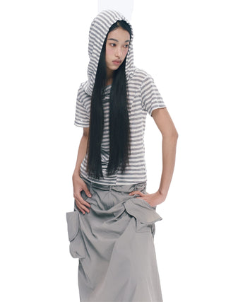 [NECY] Silver Gray Striped Asymmetric Short Sleeve T-Shirt