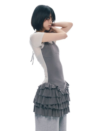 [NECY] Ruffled Dress Short Sleeve Suspenders Skirt