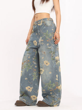 Floral graphic wide-leg jeans