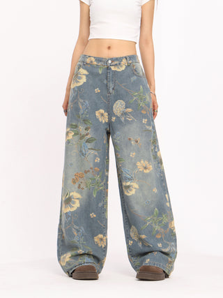 Floral graphic wide-leg jeans