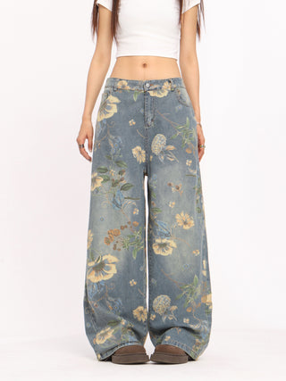 Floral graphic wide-leg jeans