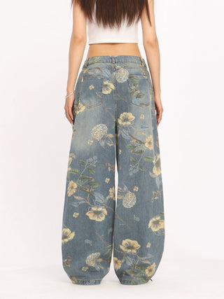 Floral graphic wide-leg jeans