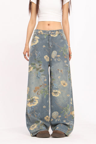 Floral graphic wide-leg jeans