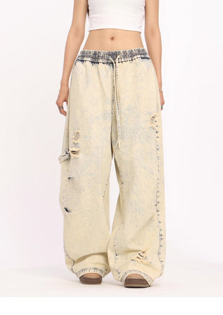 Yellow mud dyed straight loose wide-leg jeans