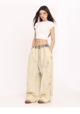 Yellow mud dyed straight loose wide-leg jeans