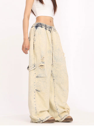 Yellow mud dyed straight loose wide-leg jeans