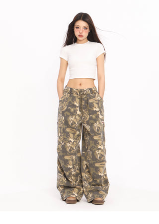 Camouflage cargo loose wide-leg trousers