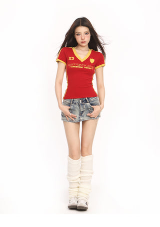 Retro V-neck red sporty top