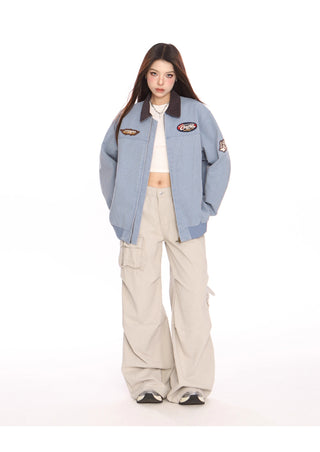 Washed denim baseball jacket