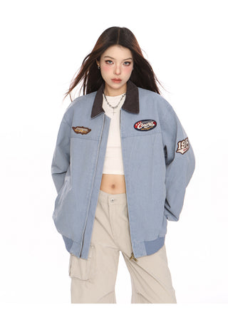 Washed denim baseball jacket