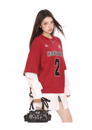 Blokecore sporty graphic fake two-piece jersey