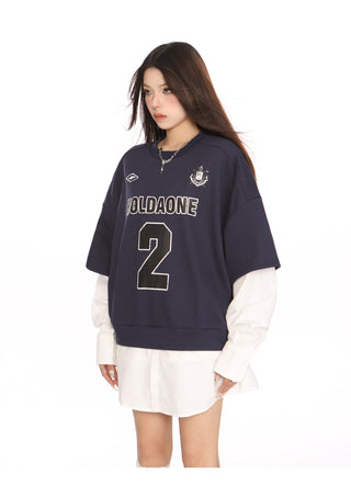 Blokecore sporty graphic fake two-piece jersey