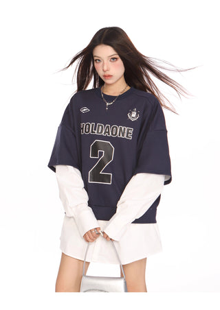 Blokecore sporty graphic fake two-piece jersey