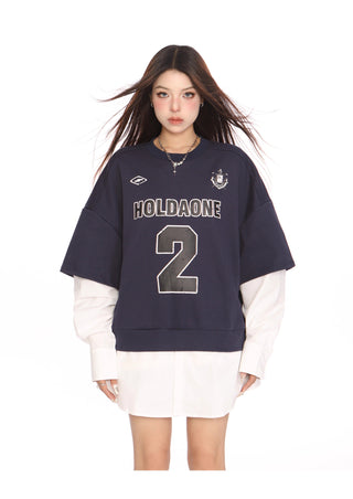 Blokecore sporty graphic fake two-piece jersey