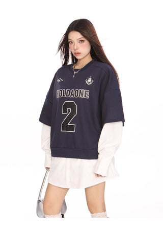 Blokecore sporty graphic fake two-piece jersey