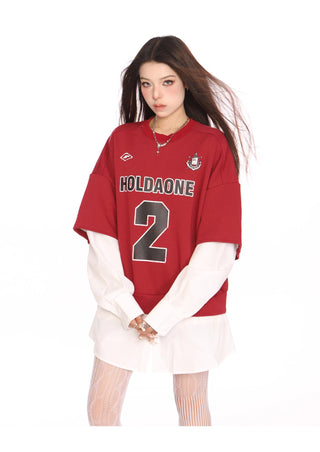 Blokecore sporty graphic fake two-piece jersey