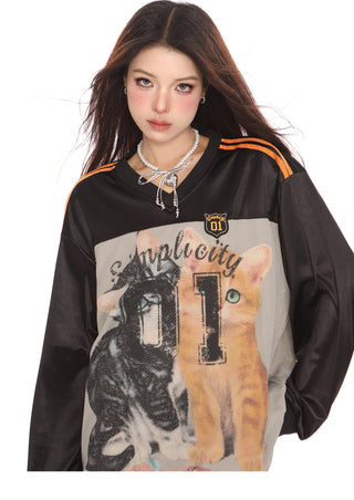 Stripe cute cat graphic jersey