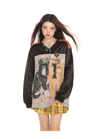 Stripe cute cat graphic jersey