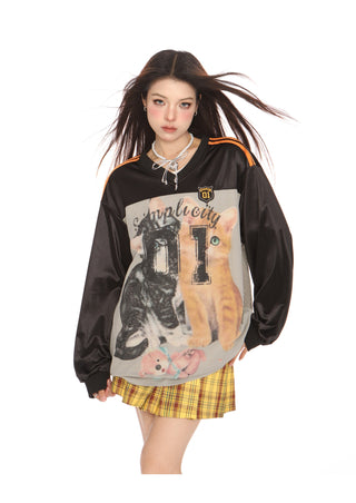 Stripe cute cat graphic jersey