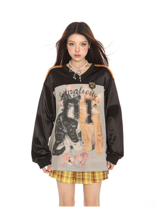 Stripe cute cat graphic jersey