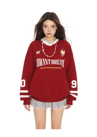 Retro letter v-neck long-sleeved jersey