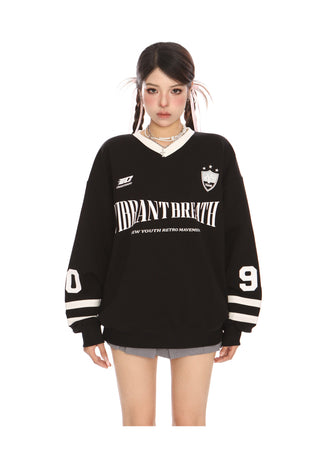 Retro letter v-neck long-sleeved jersey