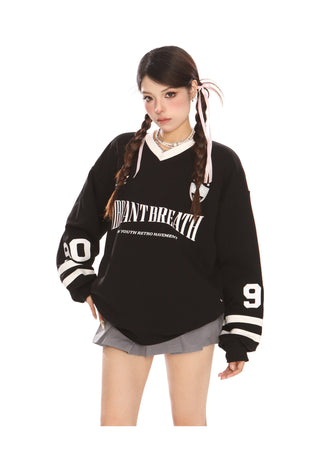 Retro letter v-neck long-sleeved jersey