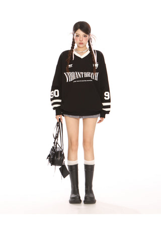 Retro letter v-neck long-sleeved jersey