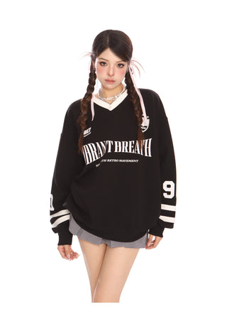 Retro letter v-neck long-sleeved jersey