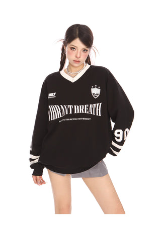 Retro letter v-neck long-sleeved jersey