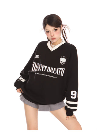 Retro letter v-neck long-sleeved jersey