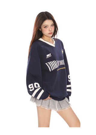 Retro letter v-neck long-sleeved jersey