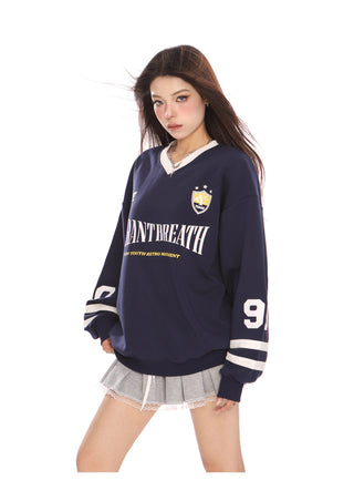 Retro letter v-neck long-sleeved jersey