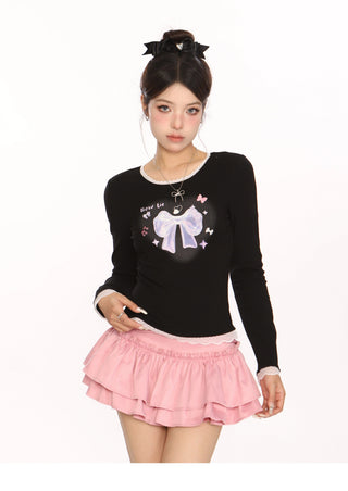 Bow lace stitching slim Acubi top